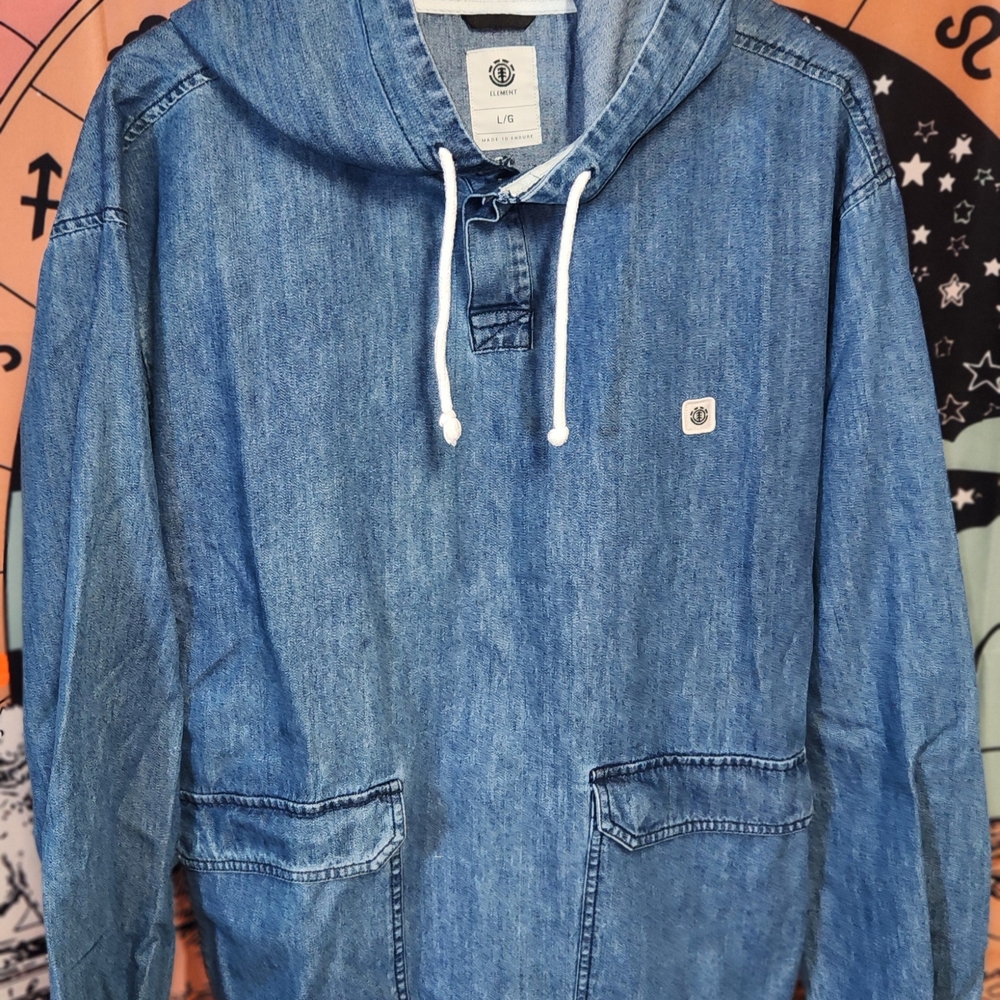 Element Skateboards Blue Denim Hoodie with Front Pockets. Mens L/G